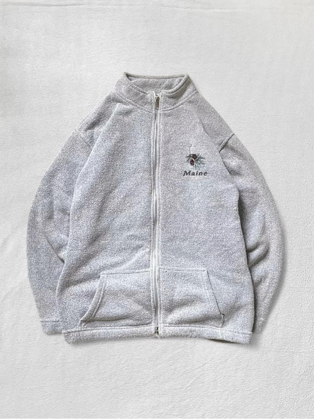 Vintage Maine Grey Pinecone Embroider Turtleneck Fleece Polo Jacket, Men’s Small
